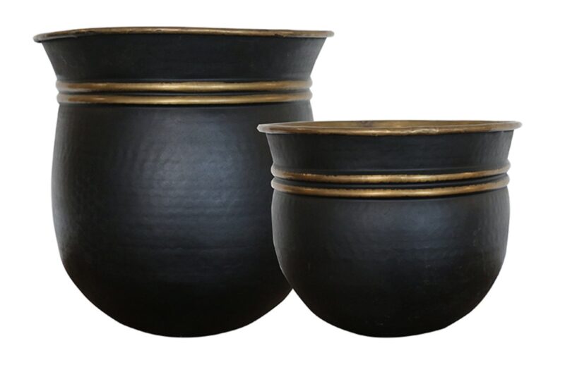 SET OF 2 CALYPSO PLANTERS IN BLACK AND BRASS FINISH